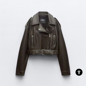 ZARA - BLACK FAUX LEATHER CROP BIKER JACKET (SIZE MEDIUM)